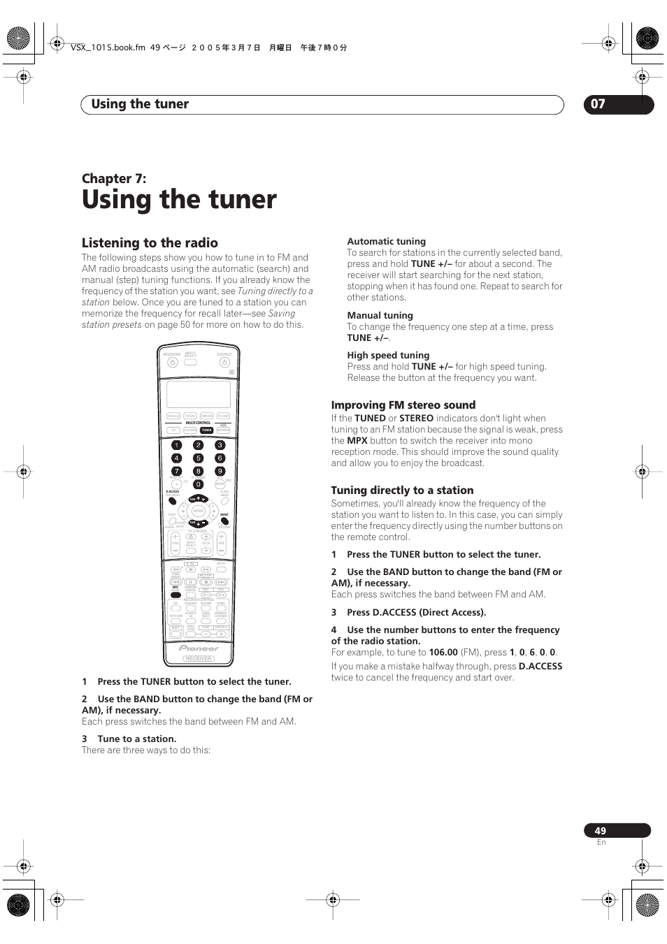 07 using the tuner, Listening to the radio, Using the tuner | Using the tuner 07, Chapter 7, Improving fm stereo sound, Tuning directly to a station | Pioneer VSX-1015-K User Manual | Page 49 / 78