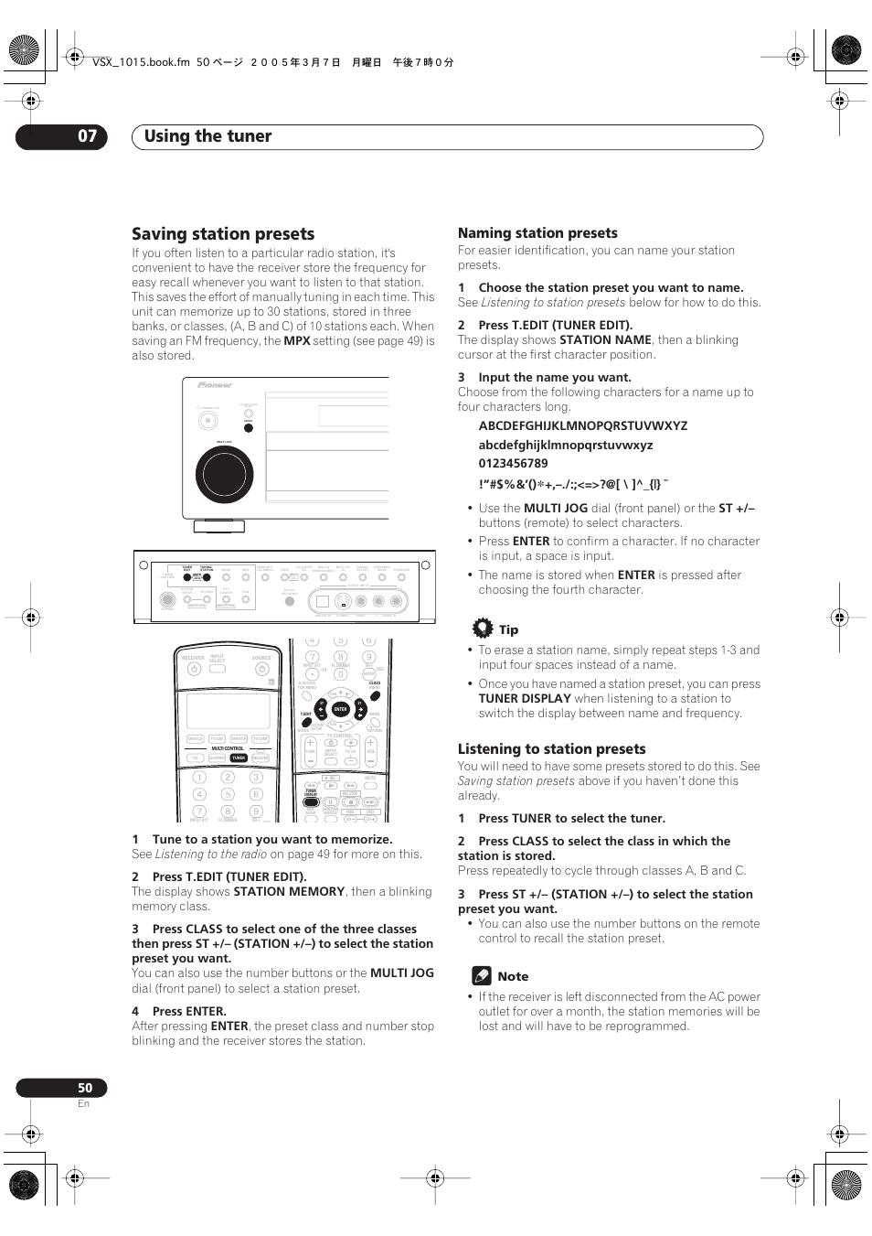 Saving station presets, Using the tuner 07, Naming station presets | Setting (see page 49) is also stored, Listening to the radio, On page 49 for more on this, 2press t.edit (tuner edit), The display shows, You can also use the number buttons or the, Multi jog | Pioneer VSX-1015-K User Manual | Page 50 / 78