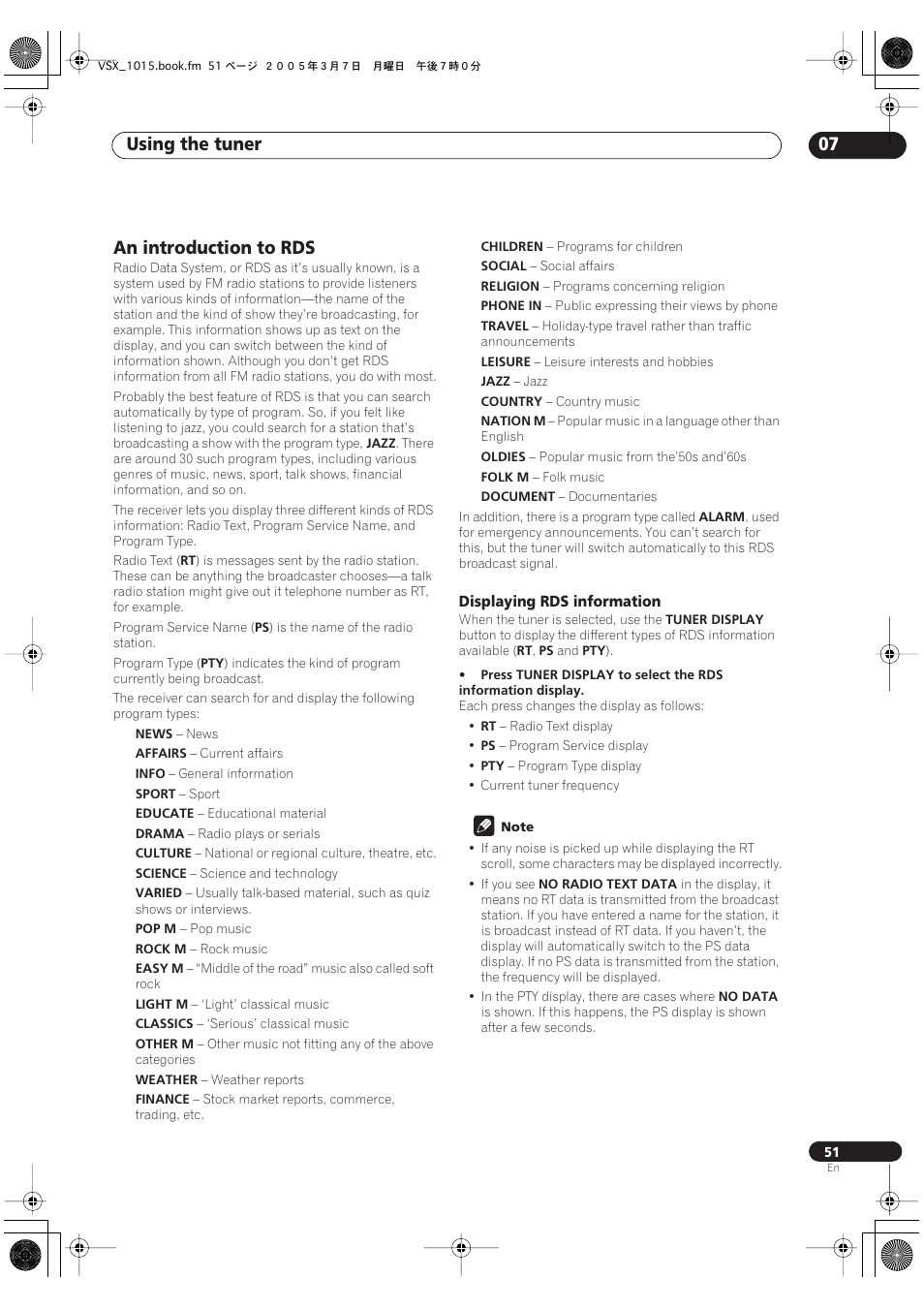 An introduction to rds, Displaying rds information, Using the tuner 07 | Pioneer VSX-1015-K User Manual | Page 51 / 78