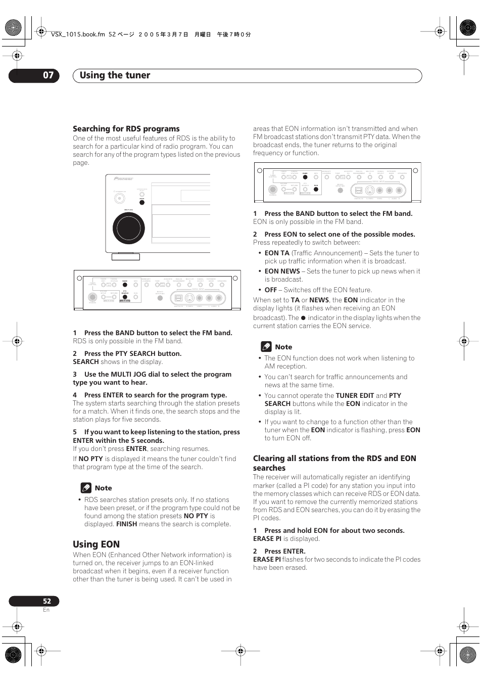 Searching for rds programs, Using eon, Using the tuner 07 | Pioneer VSX-1015-K User Manual | Page 52 / 78