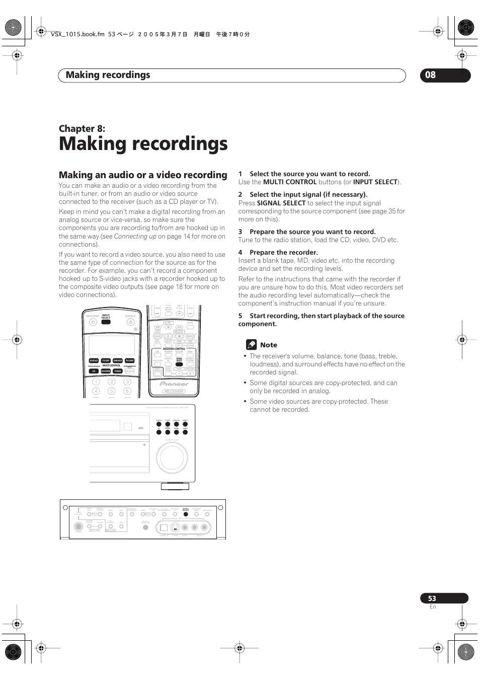08 making recordings, Making an audio or a video recording, Making recordings | Making recordings 08, Chapter 8, Connecting up, 1select the source you want to record, Use the, Multi control, Buttons (or | Pioneer VSX-1015-K User Manual | Page 53 / 78