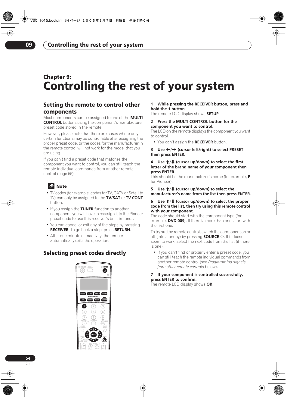 09 controlling the rest of your system, Controlling the rest of your system, Controlling the rest of your system 09 | Chapter 9, Setting the remote to control other components, Selecting preset codes directly | Pioneer VSX-1015-K User Manual | Page 54 / 78