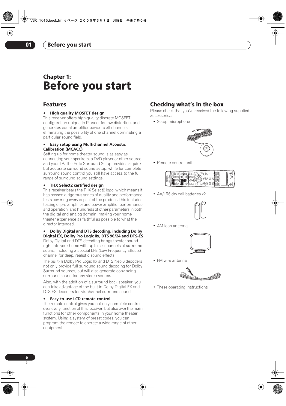 01 before you start, Features checking what’s in the box, Before you start | Before you start 01, Chapter 1, Features, Checking what’s in the box, High quality mosfet design, Thx select2 certified design, Easy-to-use lcd remote control | Pioneer VSX-1015-K User Manual | Page 6 / 78