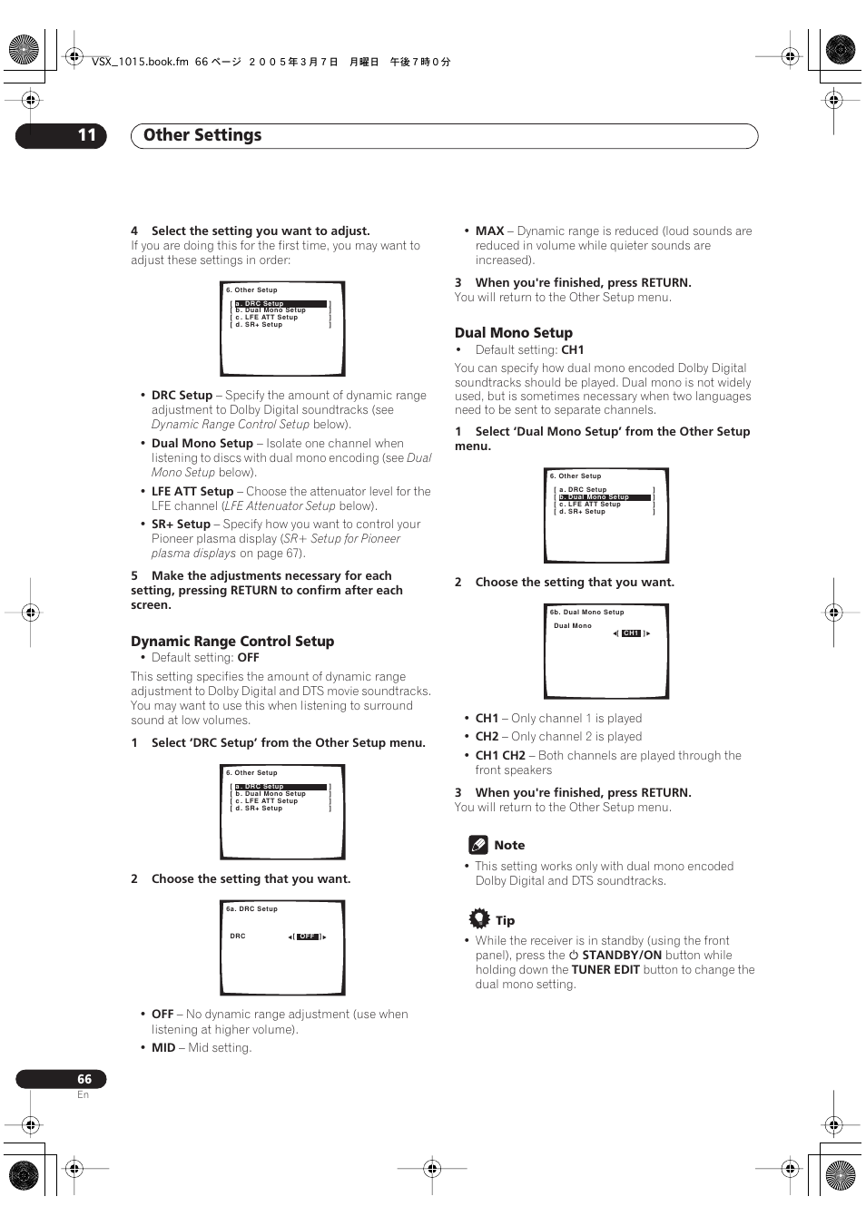 Dynamic range control setup dual mono setup, Other settings 11, Dynamic range control setup | Dual mono setup | Pioneer VSX-1015-K User Manual | Page 66 / 78