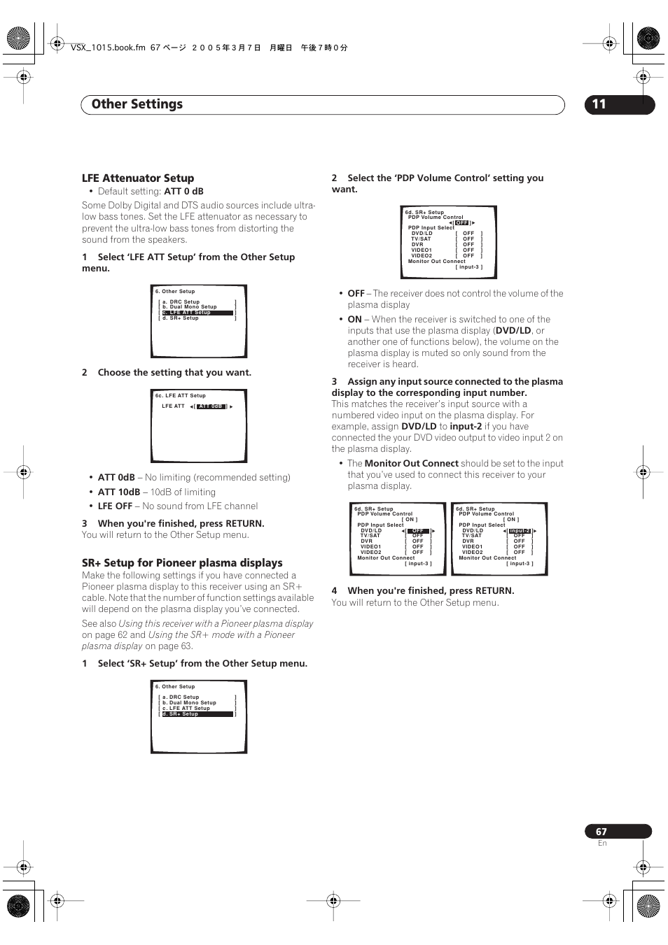 Other settings 11, Lfe attenuator setup, Sr+ setup for pioneer plasma displays | Pioneer VSX-1015-K User Manual | Page 67 / 78