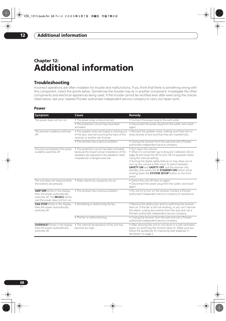 12 additional information, Troubleshooting, Power | Additional information, Additional information 12, Chapter 12 | Pioneer VSX-1015-K User Manual | Page 68 / 78