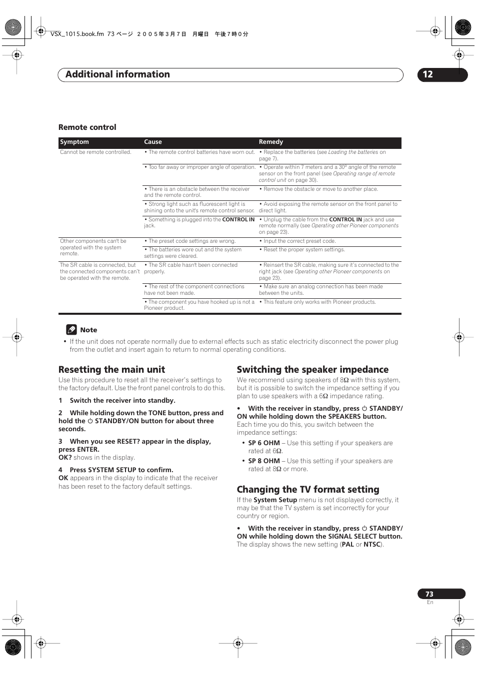 Remote control, Additional information 12, Resetting the main unit | Switching the speaker impedance, Changing the tv format setting | Pioneer VSX-1015-K User Manual | Page 73 / 78