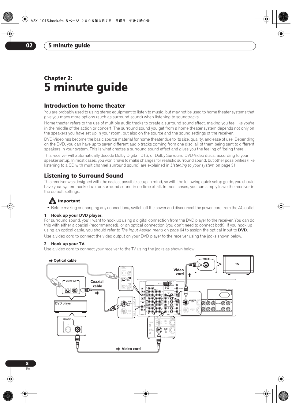 02 5 minute guide, 5 minute guide, 5 minute guide 02 | Chapter 2, Introduction to home theater, Listening to surround sound, Single), Listening to your system, On page 31, Important | Pioneer VSX-1015-K User Manual | Page 8 / 78