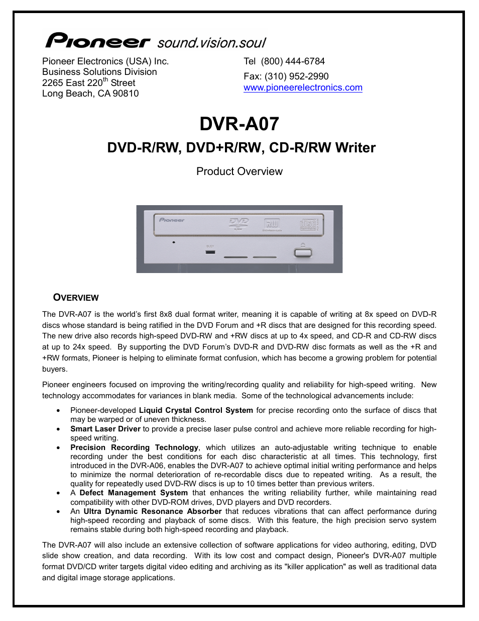 Pioneer DVR-107 User Manual | 2 pages