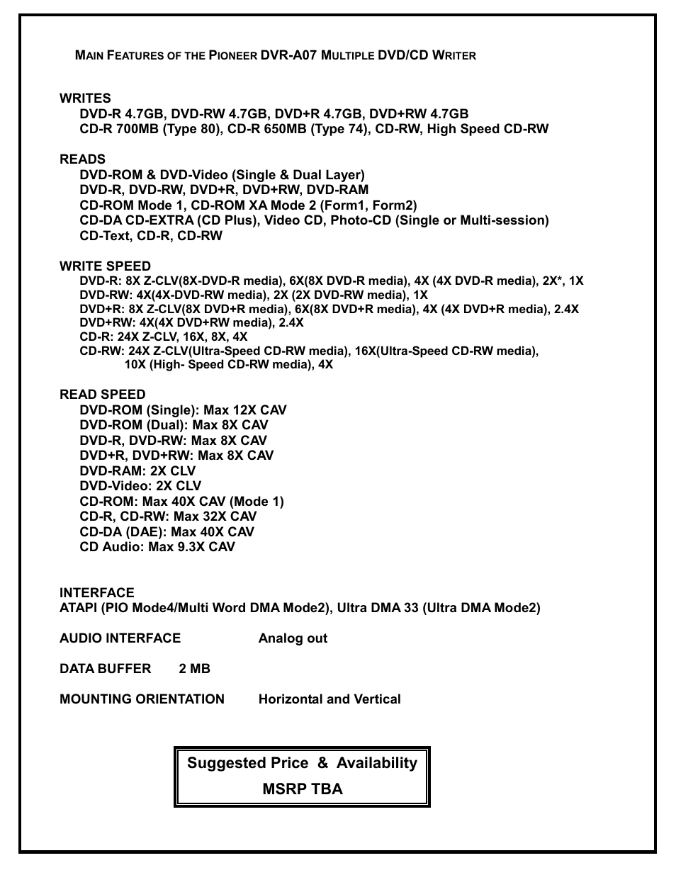 Suggested price & availability msrp tba | Pioneer DVR-107 User Manual | Page 2 / 2