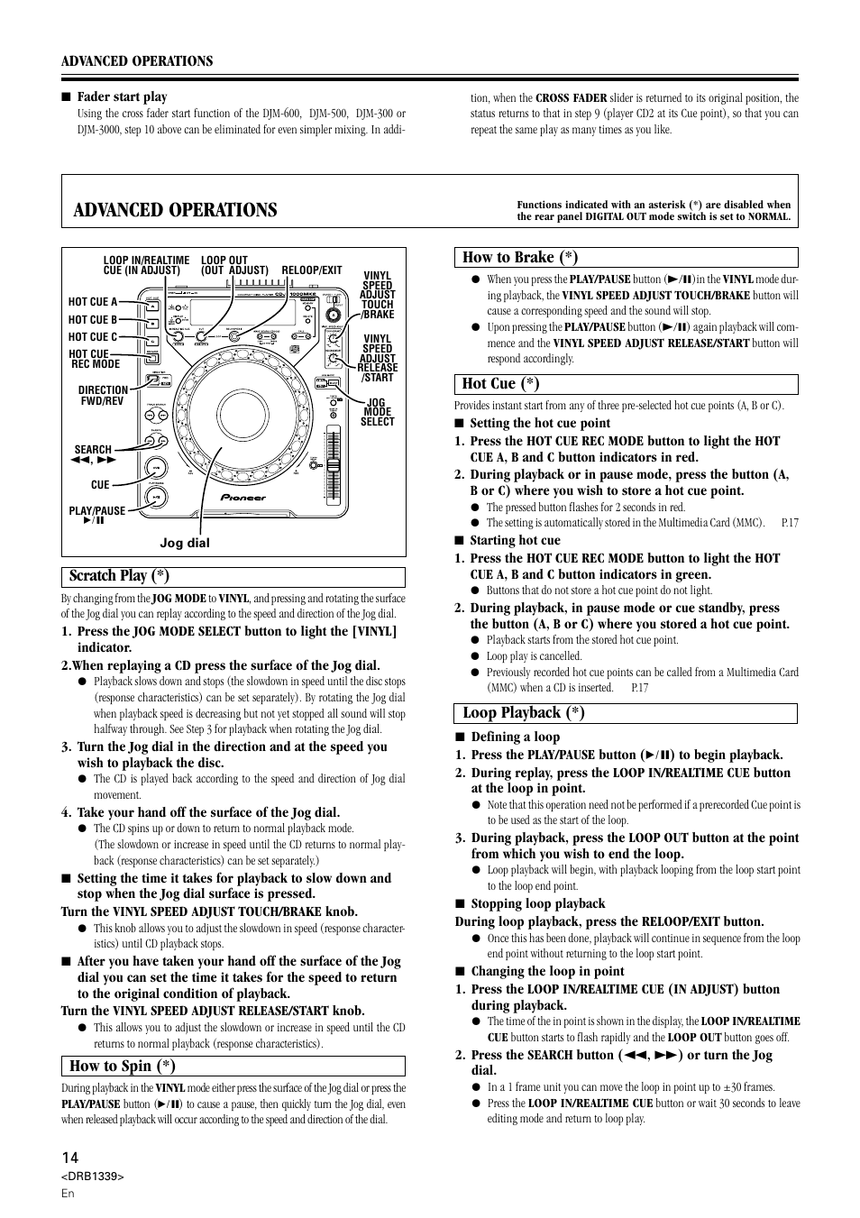 Advanced operations, Loop playback (*), Scratch play (*) | Hot cue (*), How to brake (*), How to spin (*) | Pioneer CDJ-1000MK2 User Manual | Page 14 / 20