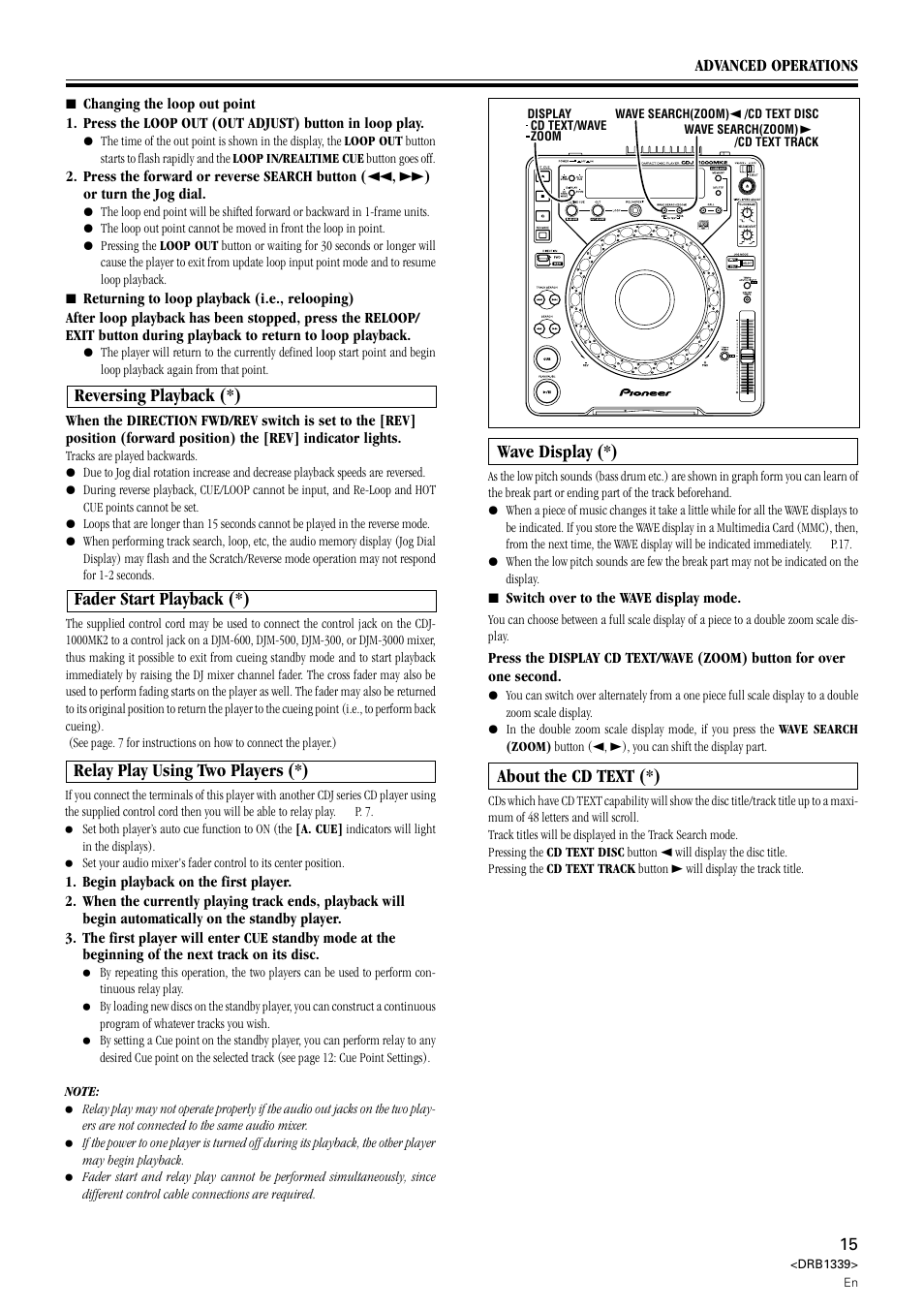 Relay play using two players (*), Wave display (*), Reversing playback (*) | Fader start playback (*), About the cd text (*) | Pioneer CDJ-1000MK2 User Manual | Page 15 / 20