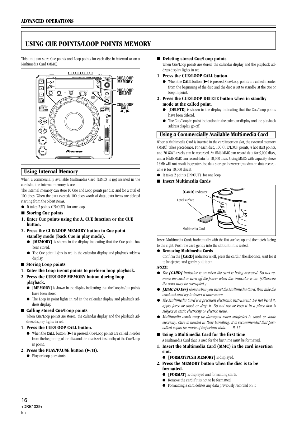Using cue points / loop points memory, Using a commercially available multimedia card | Pioneer CDJ-1000MK2 User Manual | Page 16 / 20