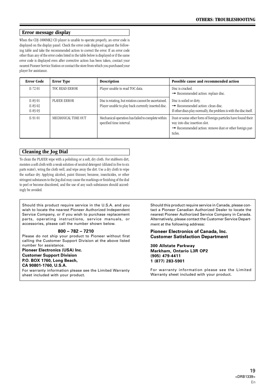Error message display, Cleaning the jog dial | Pioneer CDJ-1000MK2 User Manual | Page 19 / 20