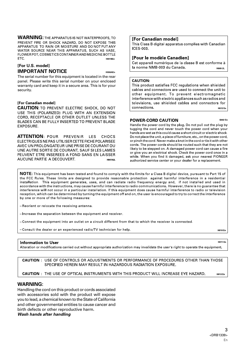 Important notice, Warning | Pioneer CDJ-1000MK2 User Manual | Page 3 / 20