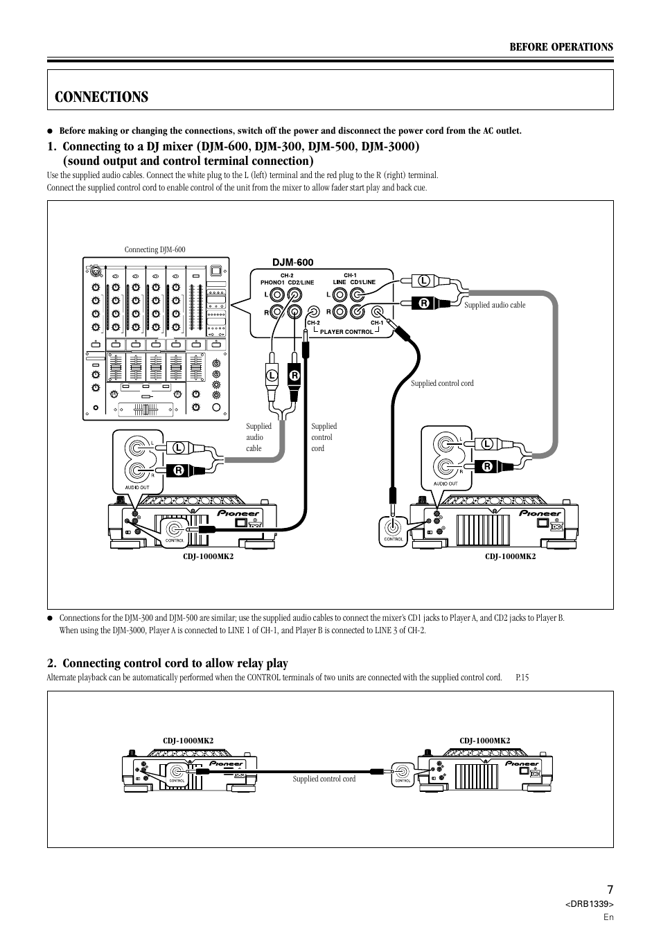 Connections, Connecting control cord to allow relay play | Pioneer CDJ-1000MK2 User Manual | Page 7 / 20