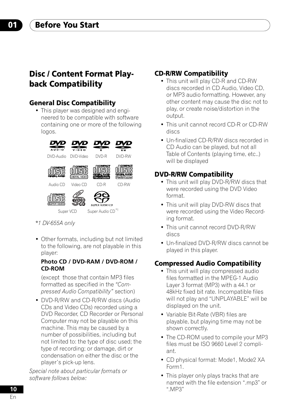 Disc/content format playback compatibility, Before you start 01, Disc / content format play- back compatibility | Pioneer DV-655A User Manual | Page 10 / 80