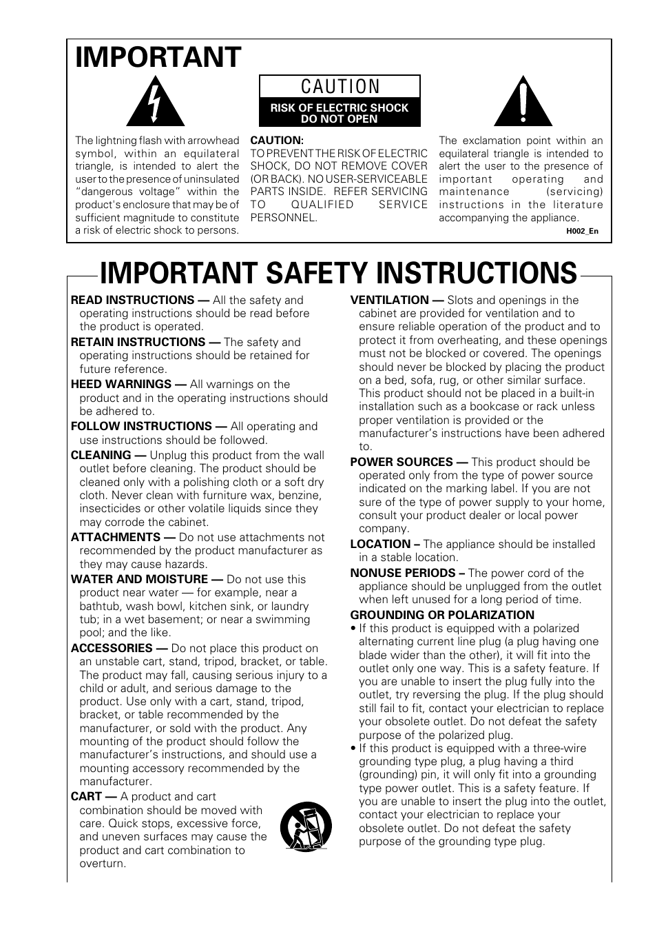 Important safety instructions, Important, Caution | Pioneer DV-655A User Manual | Page 2 / 80