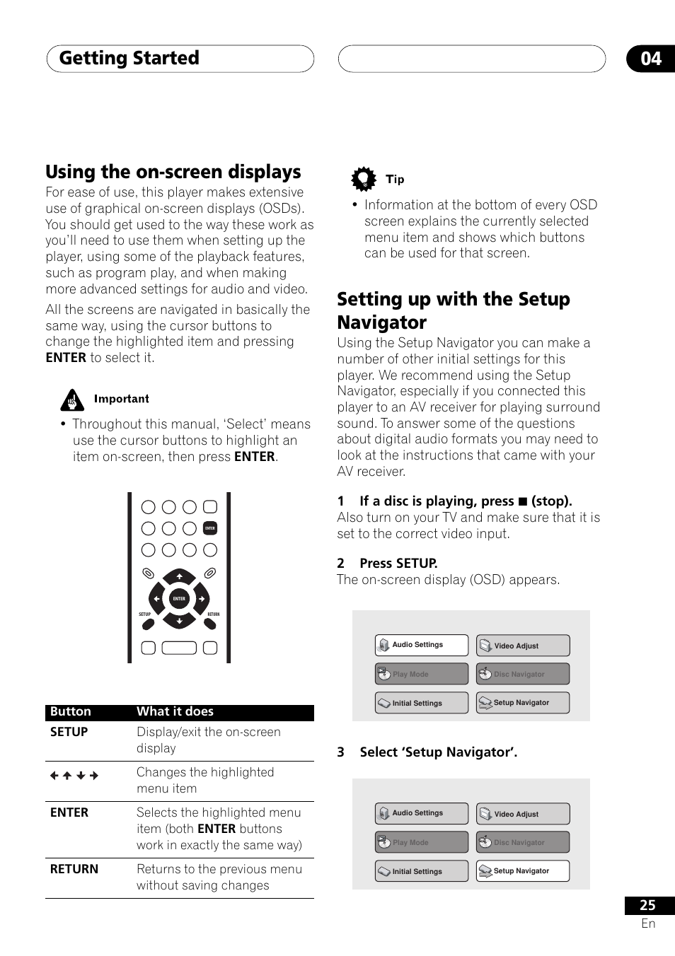 Getting started 04, Using the on-screen displays, Setting up with the setup navigator | Pioneer DV-655A User Manual | Page 25 / 80