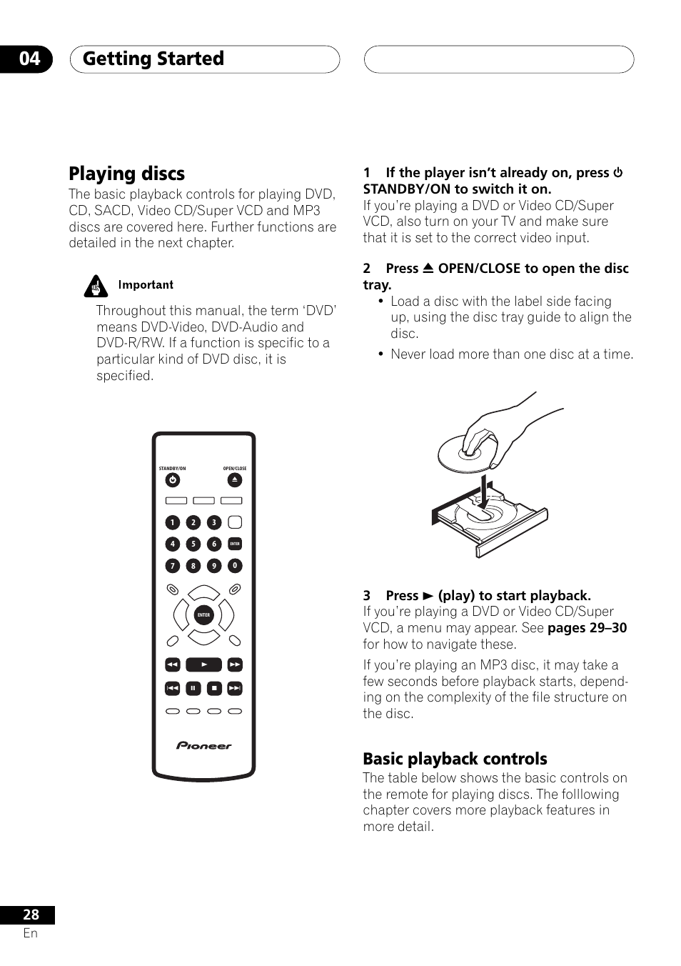 Playing discs, Basic playback controls, Getting started 04 | Pioneer DV-655A User Manual | Page 28 / 80