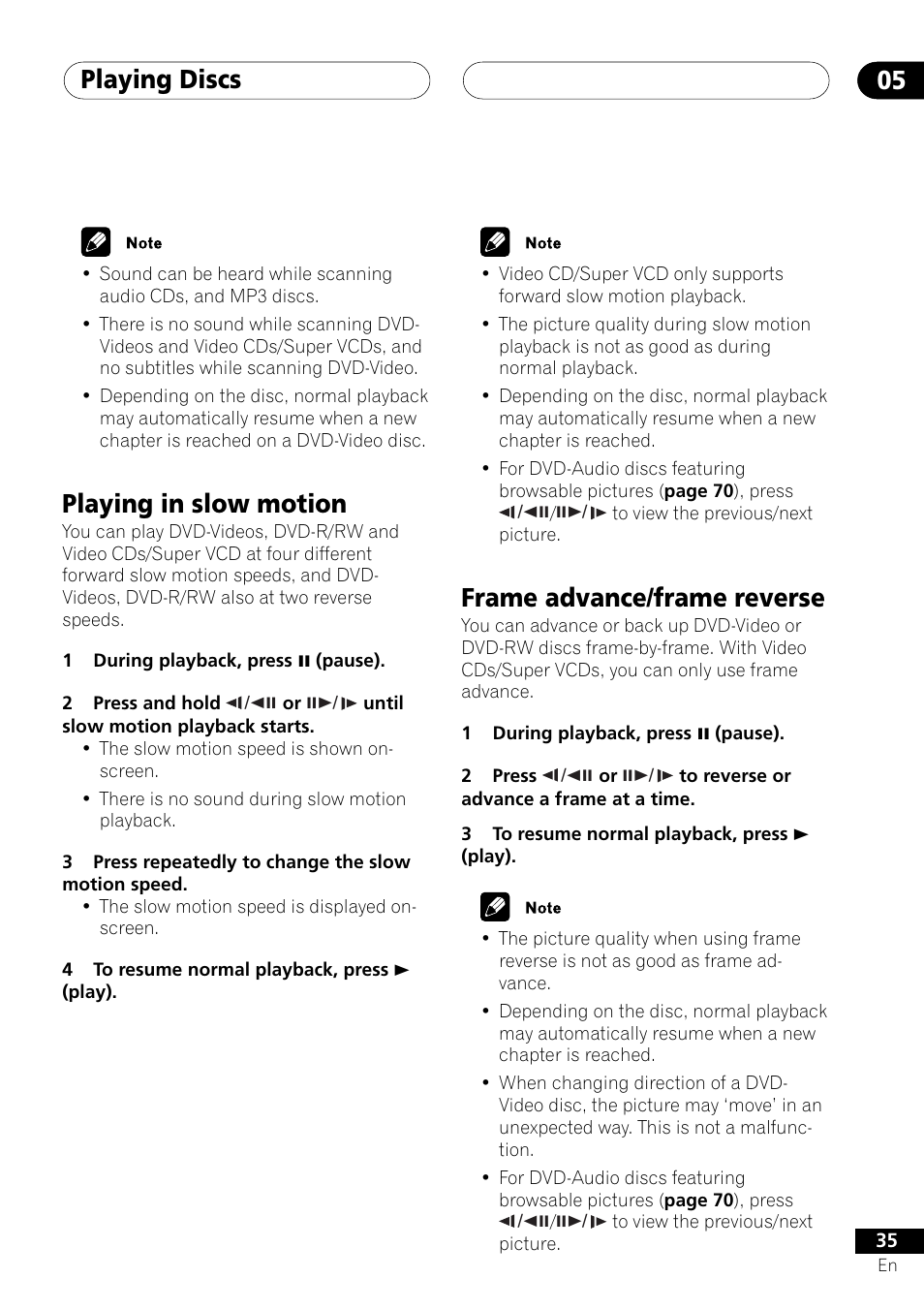 Playing in slow motion frame advance/frame reverse, Playing discs 05, Playing in slow motion | Frame advance/frame reverse | Pioneer DV-655A User Manual | Page 35 / 80