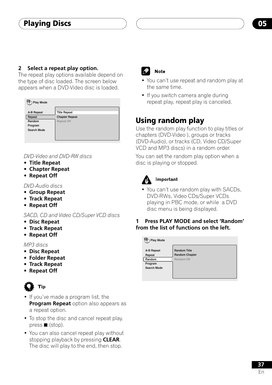 Using random play, Playing discs 05 | Pioneer DV-655A User Manual | Page 37 / 80