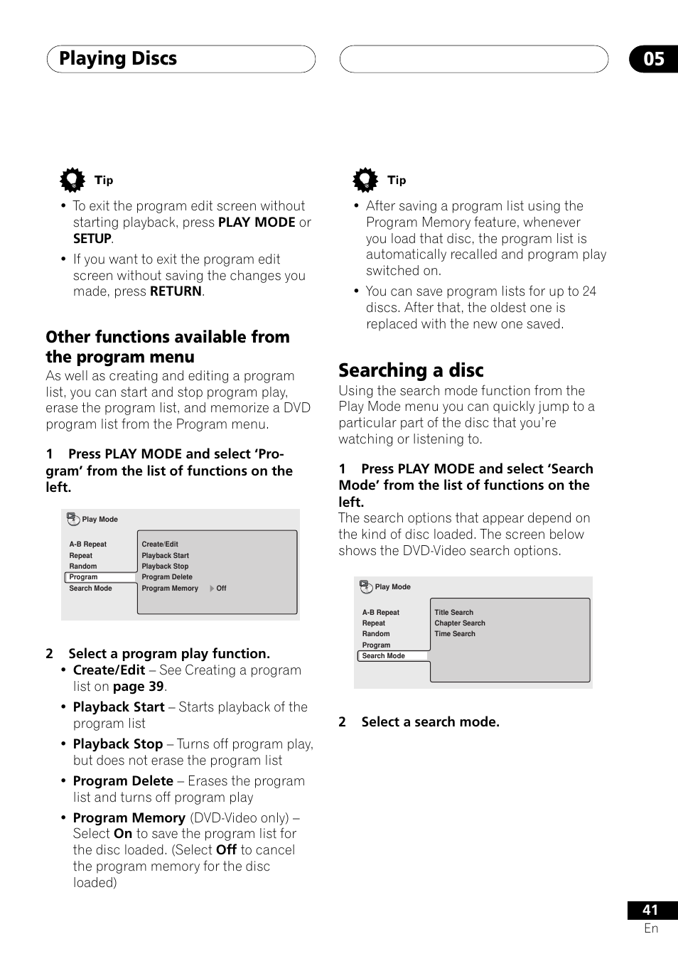 Other functions available from the program menu, Searching a disc, Playing discs 05 | Pioneer DV-655A User Manual | Page 41 / 80