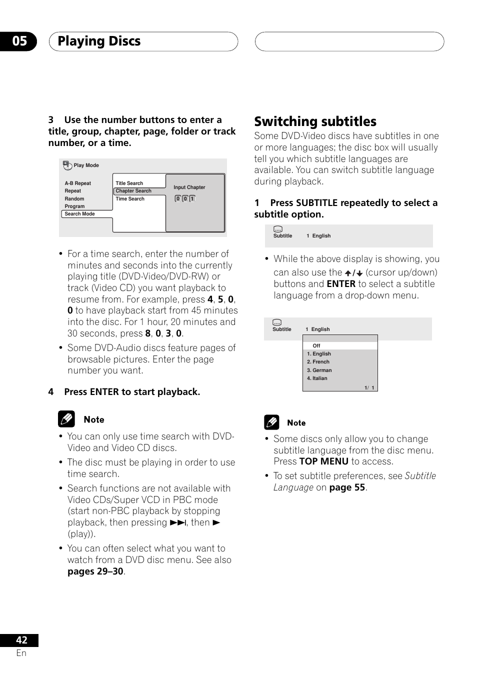 Switching subtitles, Playing discs 05 | Pioneer DV-655A User Manual | Page 42 / 80