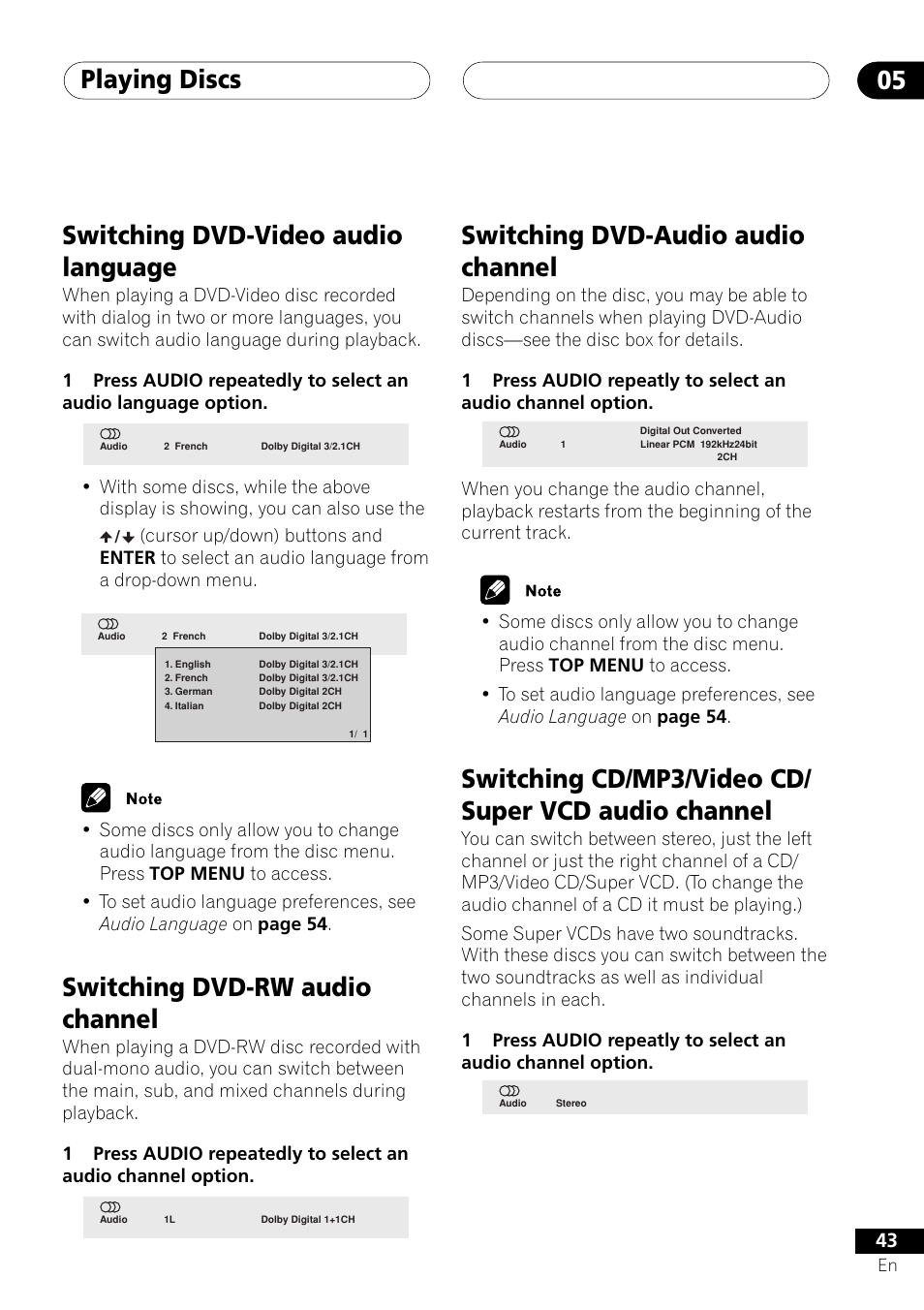 Playing discs 05, Switching dvd-video audio language, Switching dvd-rw audio channel | Switching dvd-audio audio channel, Switching cd/mp3/video cd/ super vcd audio channel | Pioneer DV-655A User Manual | Page 43 / 80