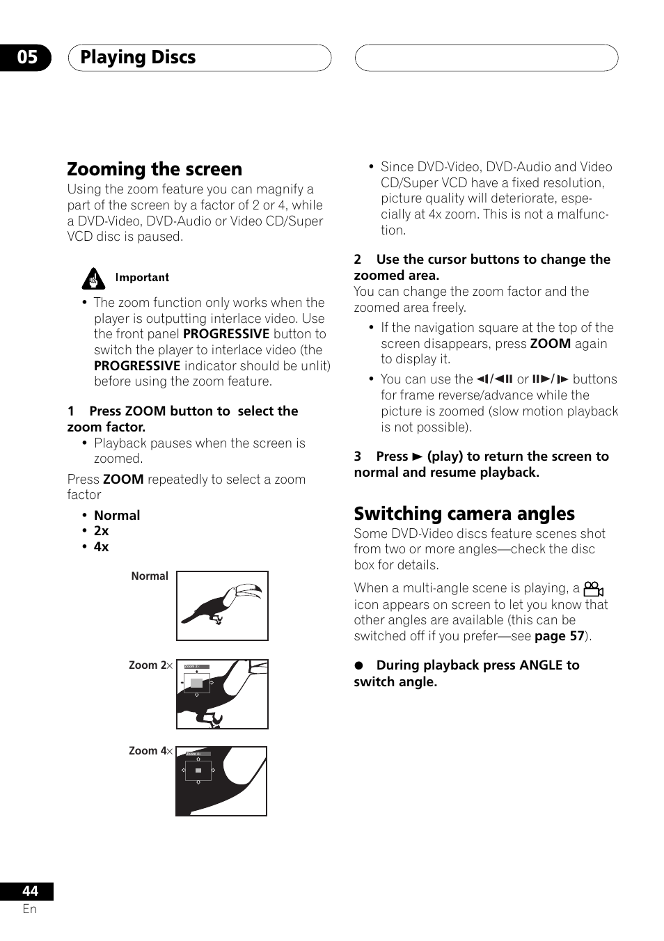 Playing discs 05, Zooming the screen, Switching camera angles | Pioneer DV-655A User Manual | Page 44 / 80