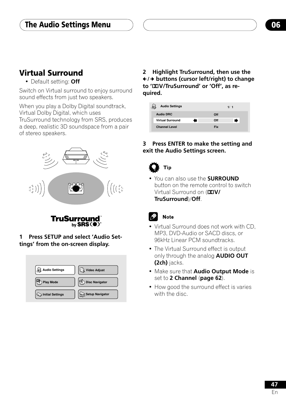 Virtual surround, The audio settings menu 06 | Pioneer DV-655A User Manual | Page 47 / 80