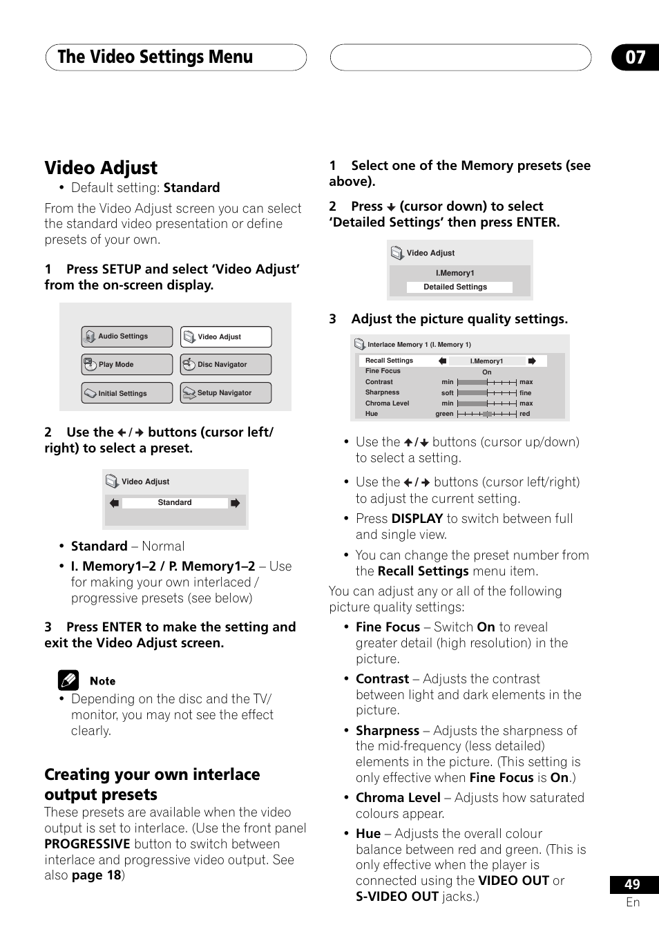 Video adjust, Creating your own interlace output presets, The video settings menu 07 | Pioneer DV-655A User Manual | Page 49 / 80
