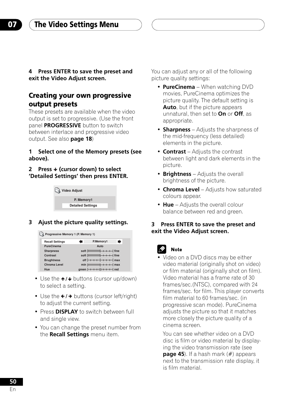 Creating your own progressive output presets, The video settings menu 07 | Pioneer DV-655A User Manual | Page 50 / 80