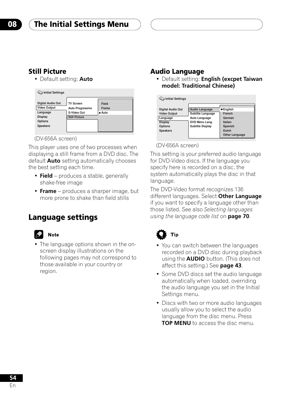 Still picture, Language settings, Audio language | The initial settings menu 08, Default setting: auto | Pioneer DV-655A User Manual | Page 54 / 80