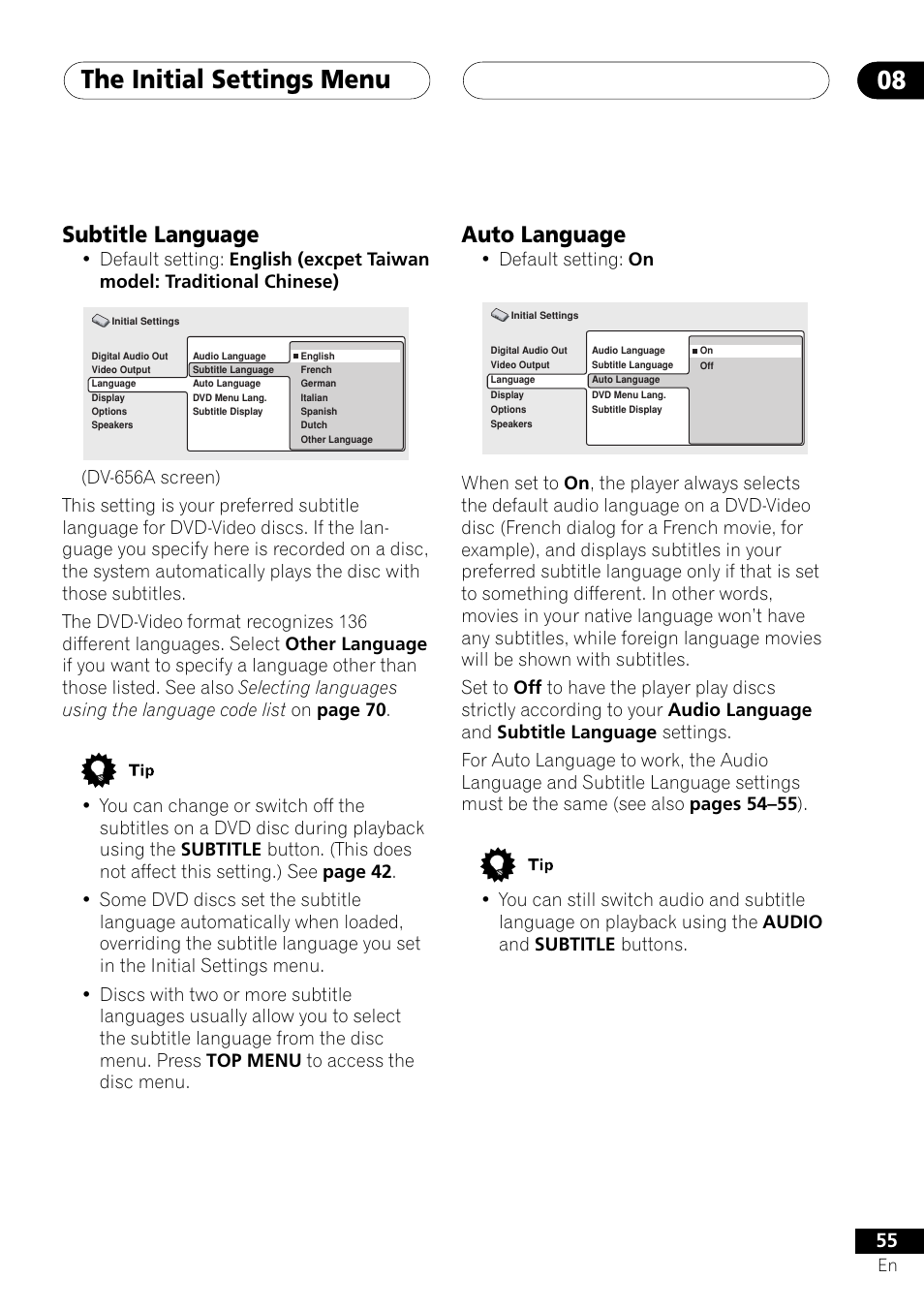 Subtitle language auto language, The initial settings menu 08, Auto language | Subtitle language, Default setting: on | Pioneer DV-655A User Manual | Page 55 / 80
