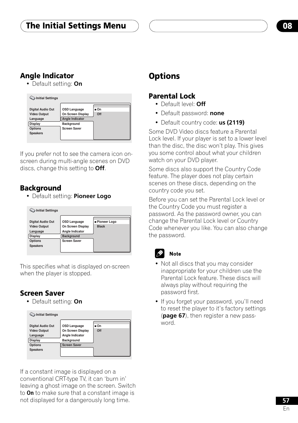Angle indicator background screen saver, Options, Parental lock | The initial settings menu 08, Angle indicator, Background, Screen saver, Default setting: on, Default setting: pioneer logo | Pioneer DV-655A User Manual | Page 57 / 80