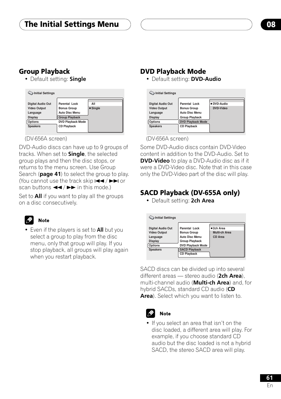 The initial settings menu 08, Group playback, Dvd playback mode | Sacd playback (dv-655a only), Default setting: single, Default setting: dvd-audio, Default setting: 2ch area | Pioneer DV-655A User Manual | Page 61 / 80