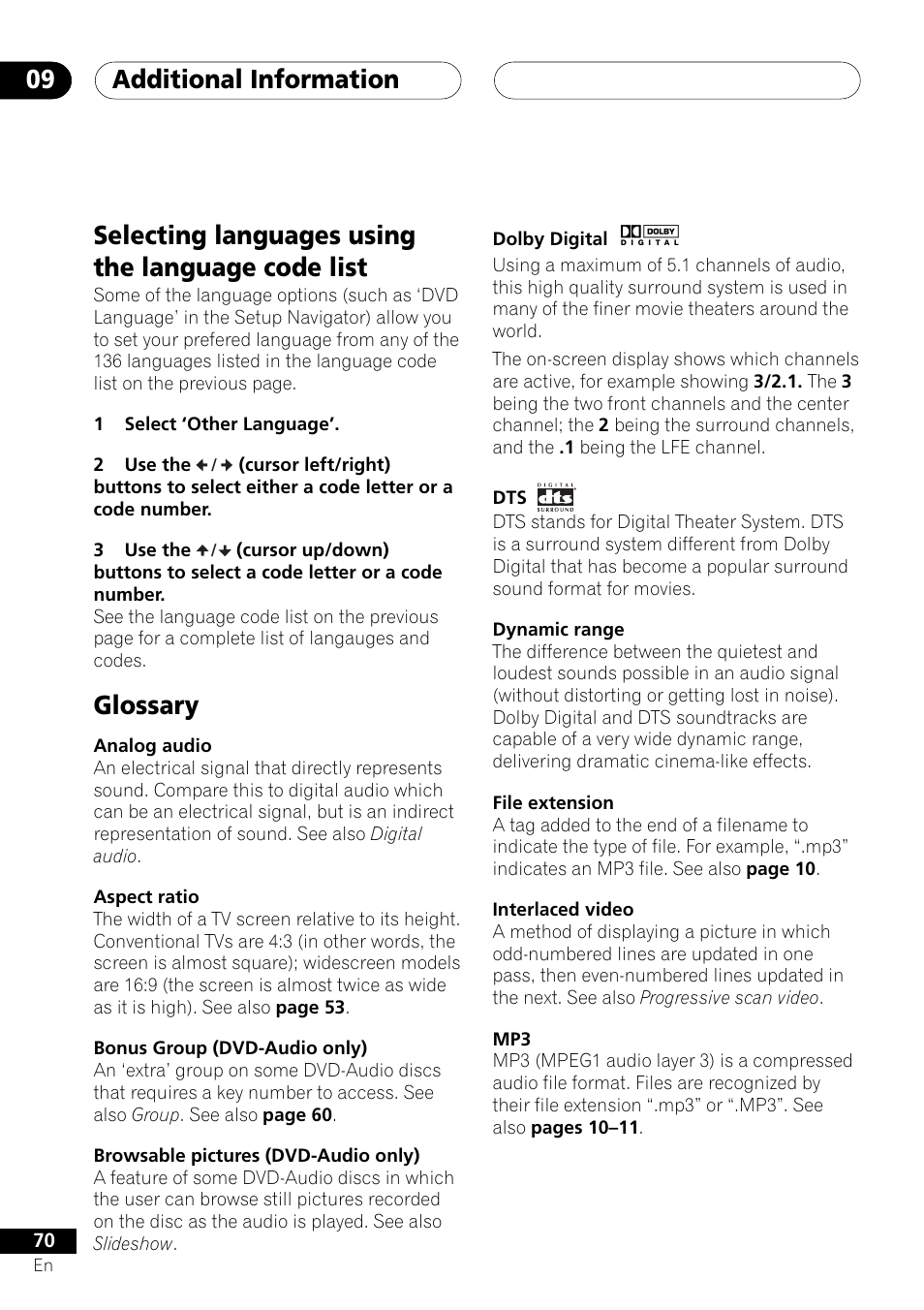 Additional information 09, Selecting languages using the language code list, Glossary | Pioneer DV-655A User Manual | Page 70 / 80