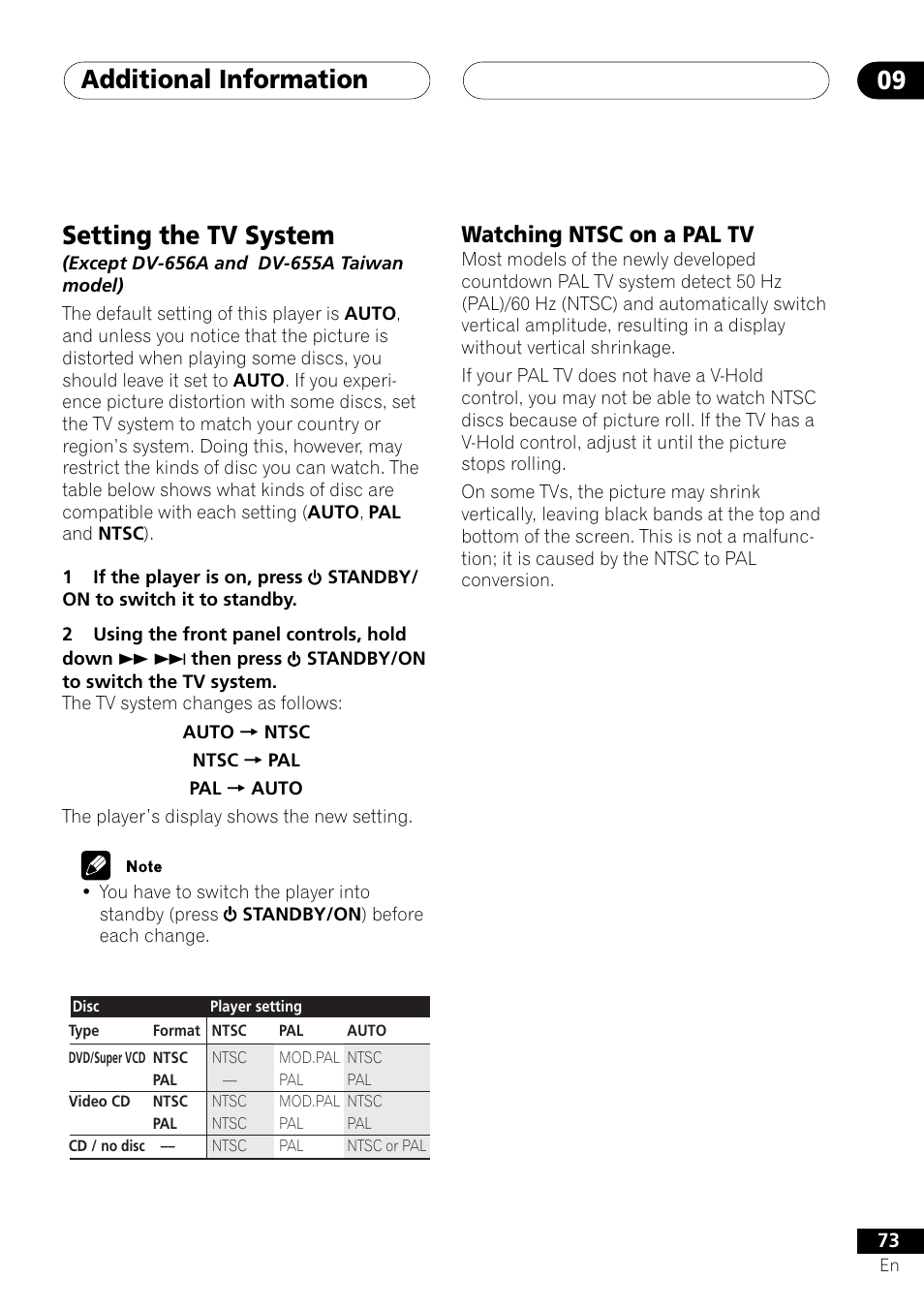 Watching ntsc on a pal tv, Additional information 09, Setting the tv system | Pioneer DV-655A User Manual | Page 73 / 80