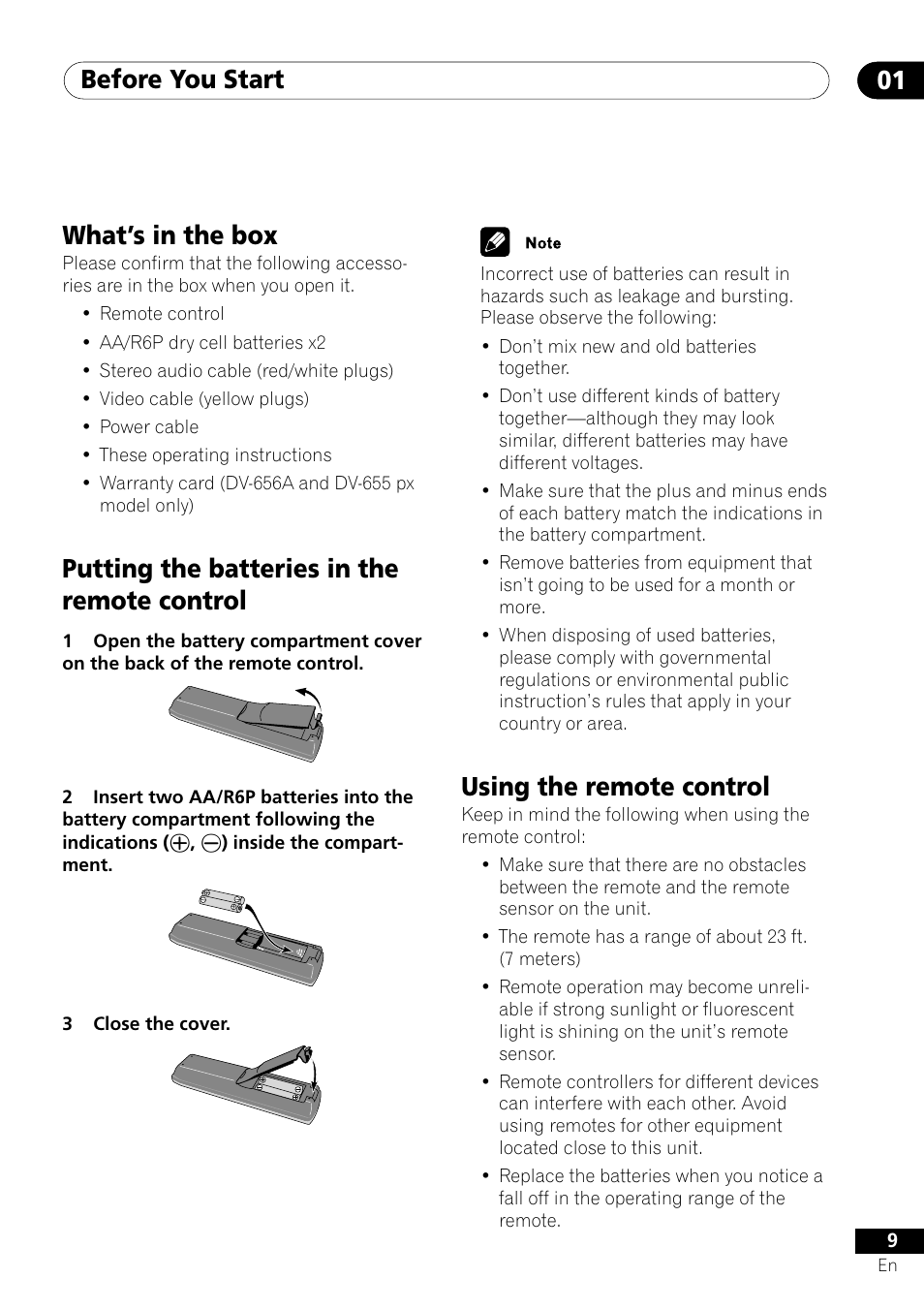 Before you start 01, Using the remote control, What’s in the box | Putting the batteries in the remote control | Pioneer DV-655A User Manual | Page 9 / 80