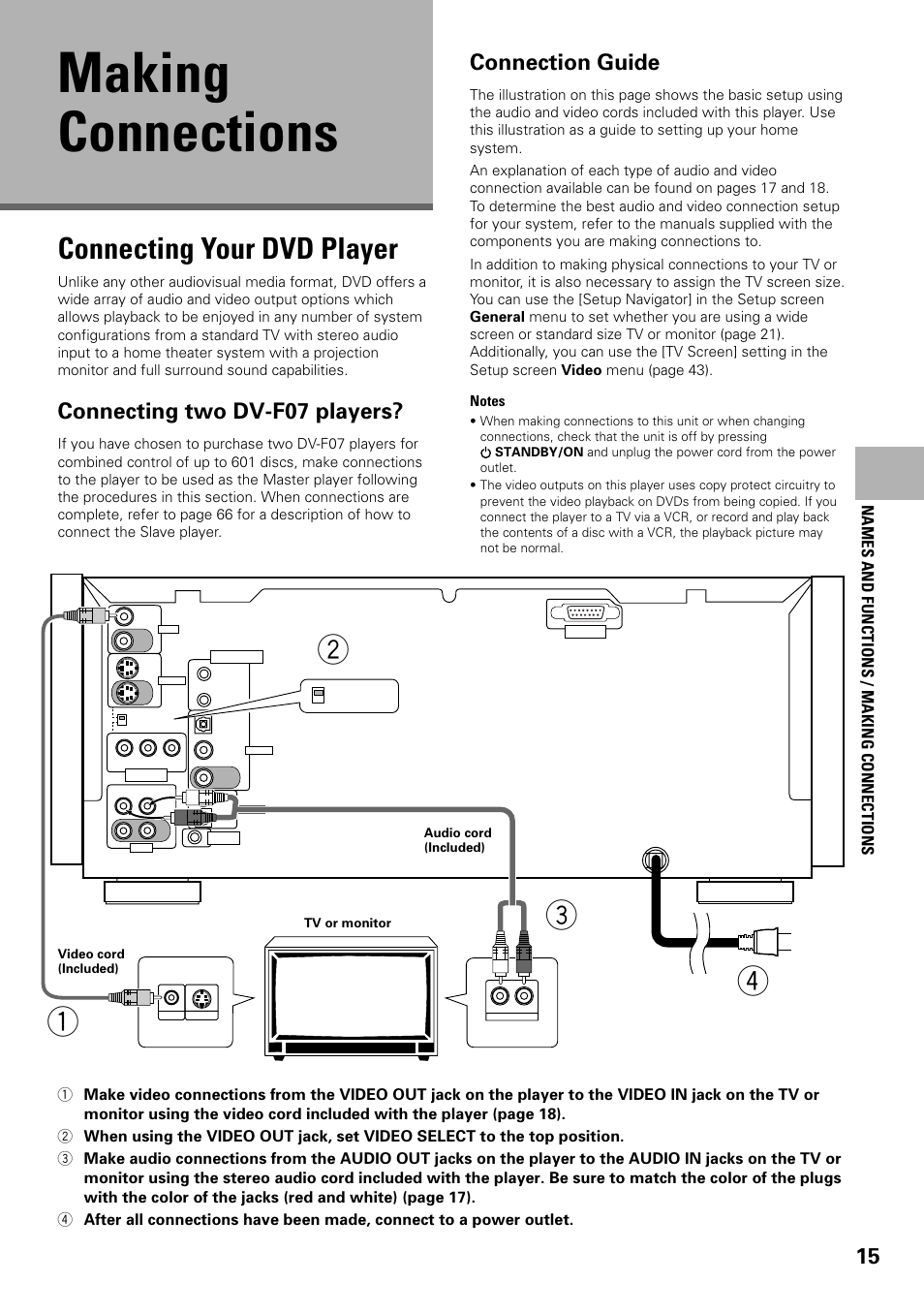 Making connections, Connecting your dvd player, Connection guide | Connecting two dv-f07 players, Names and functions / making connections | Pioneer DV-F07 User Manual | Page 15 / 80