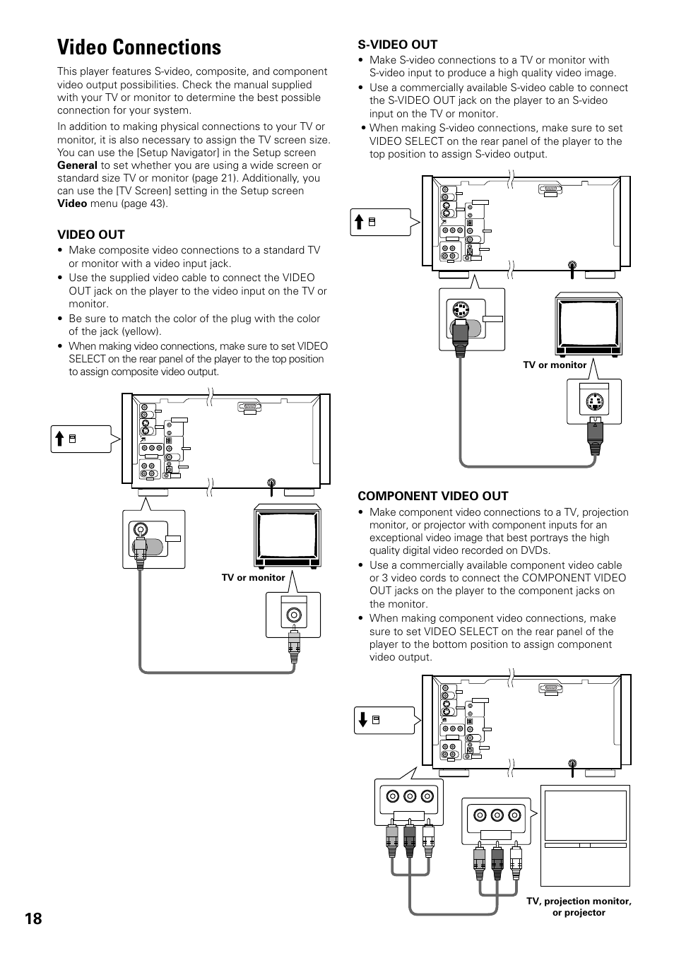 Video connections, Component video out, Video out | S-video out | Pioneer DV-F07 User Manual | Page 18 / 80