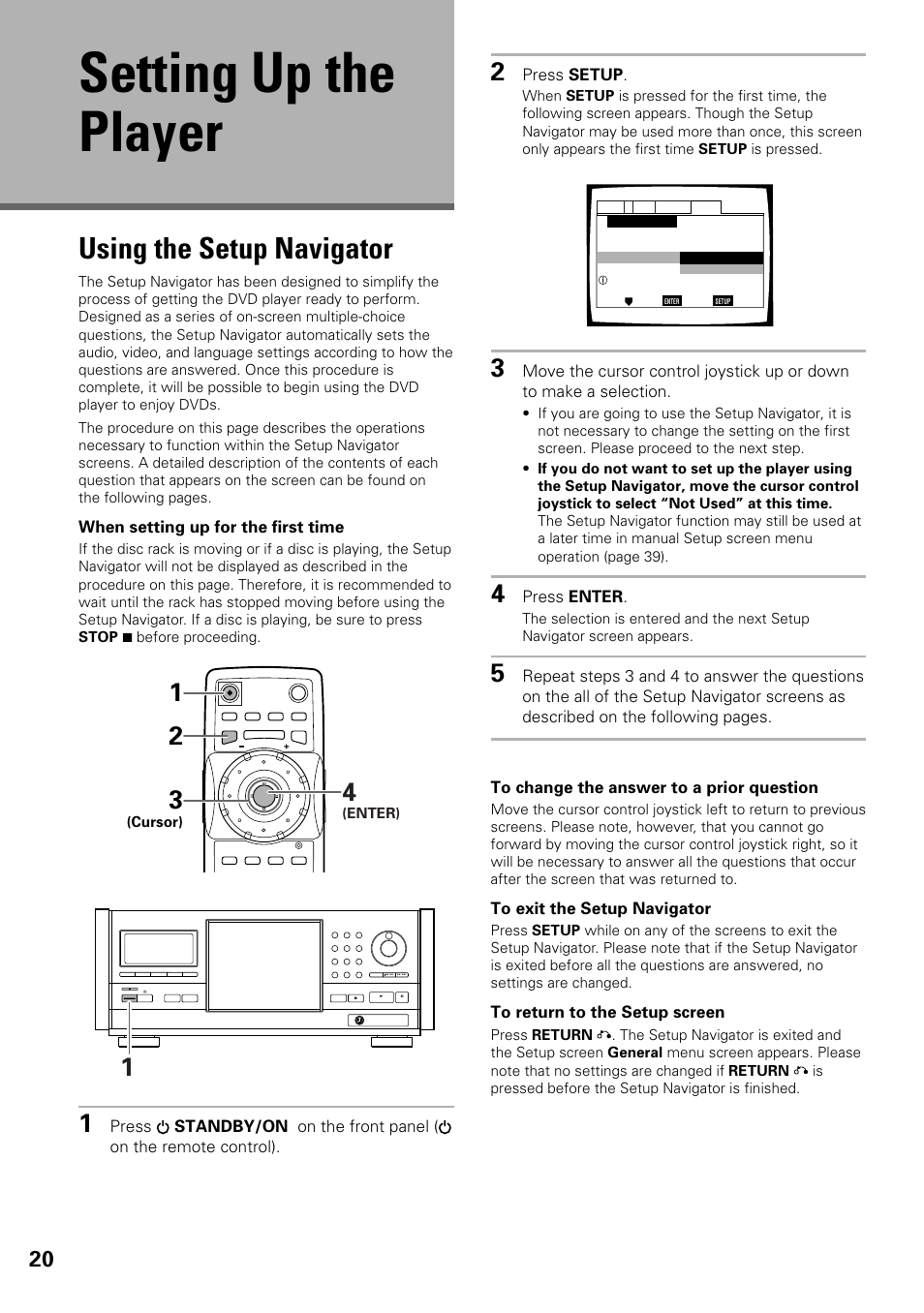 Setting up the player, Using the setup navigator | Pioneer DV-F07 User Manual | Page 20 / 80