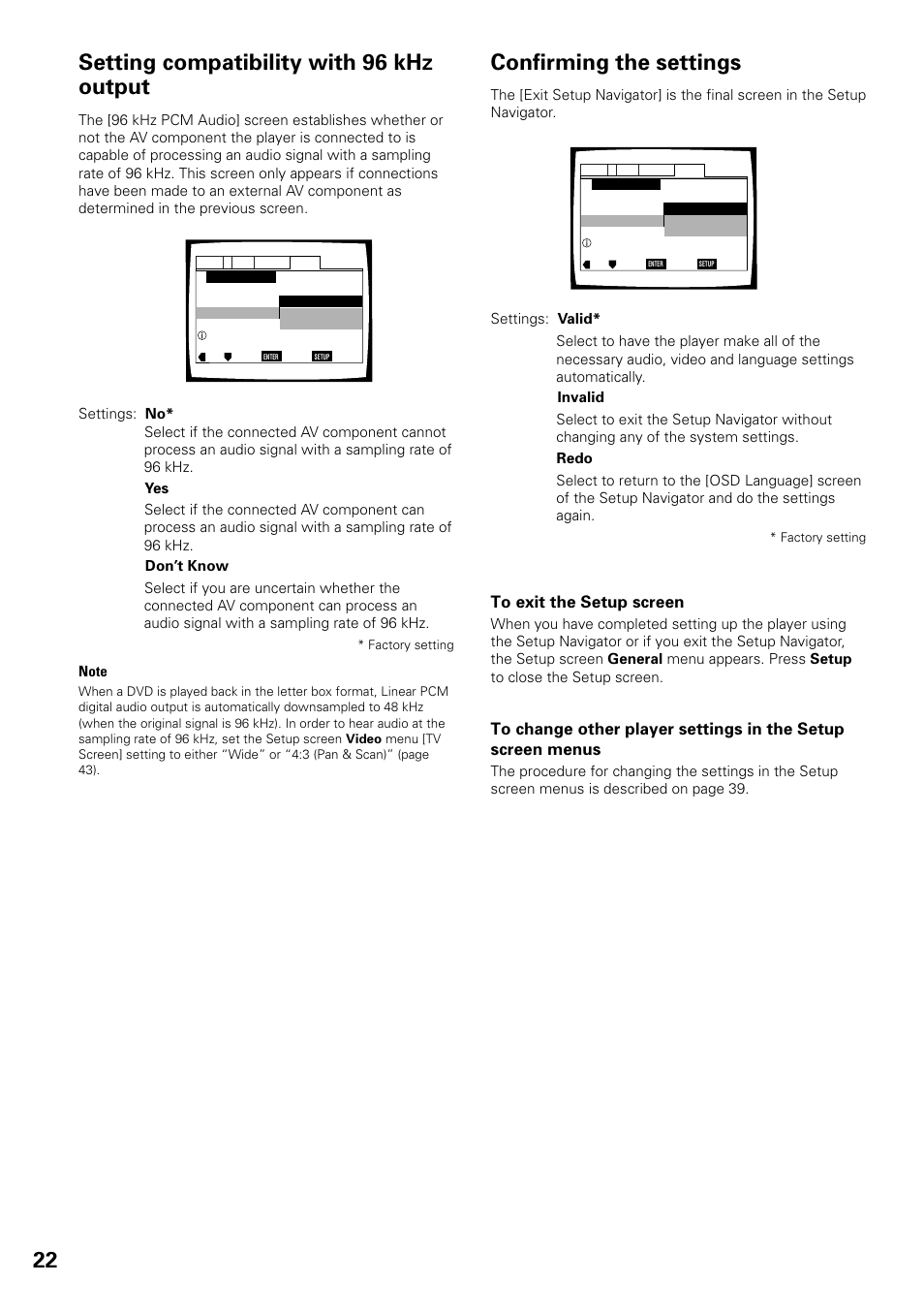 22 confirming the settings, Setting compatibility with 96 khz output | Pioneer DV-F07 User Manual | Page 22 / 80