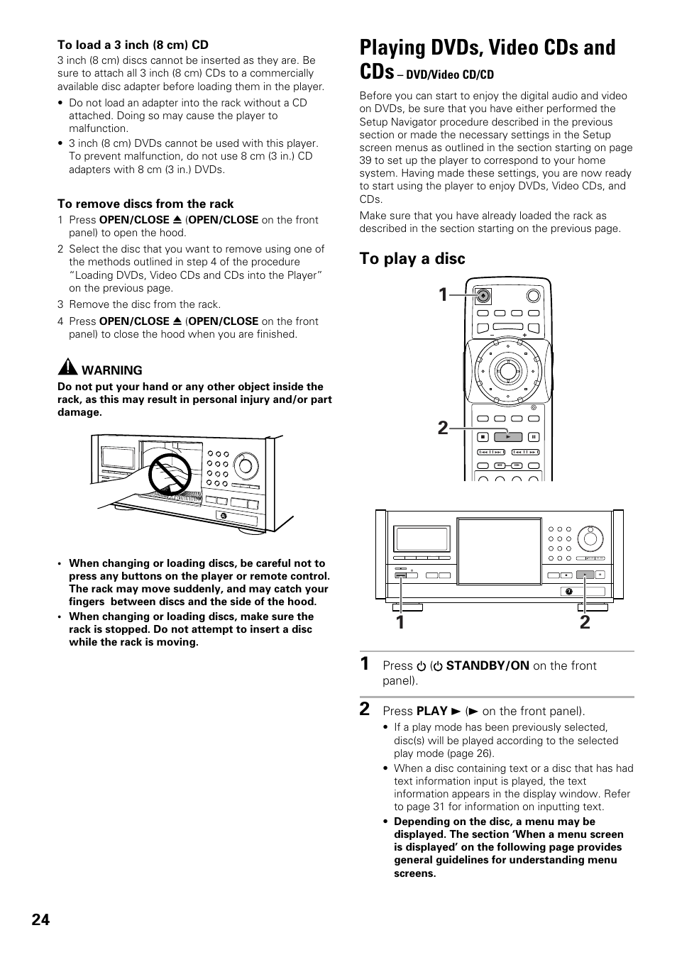Playing dvds, video cds and cds, Warning, Dvd/video cd/cd | Press ( standby/on on the front panel), Press play 3 (3 on the front panel) | Pioneer DV-F07 User Manual | Page 24 / 80