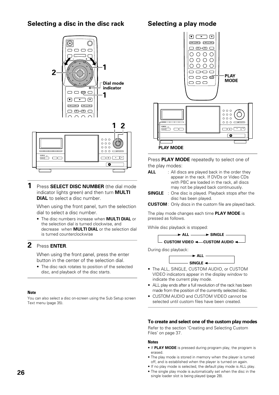 26 selecting a play mode, Selecting a disc in the disc rack | Pioneer DV-F07 User Manual | Page 26 / 80