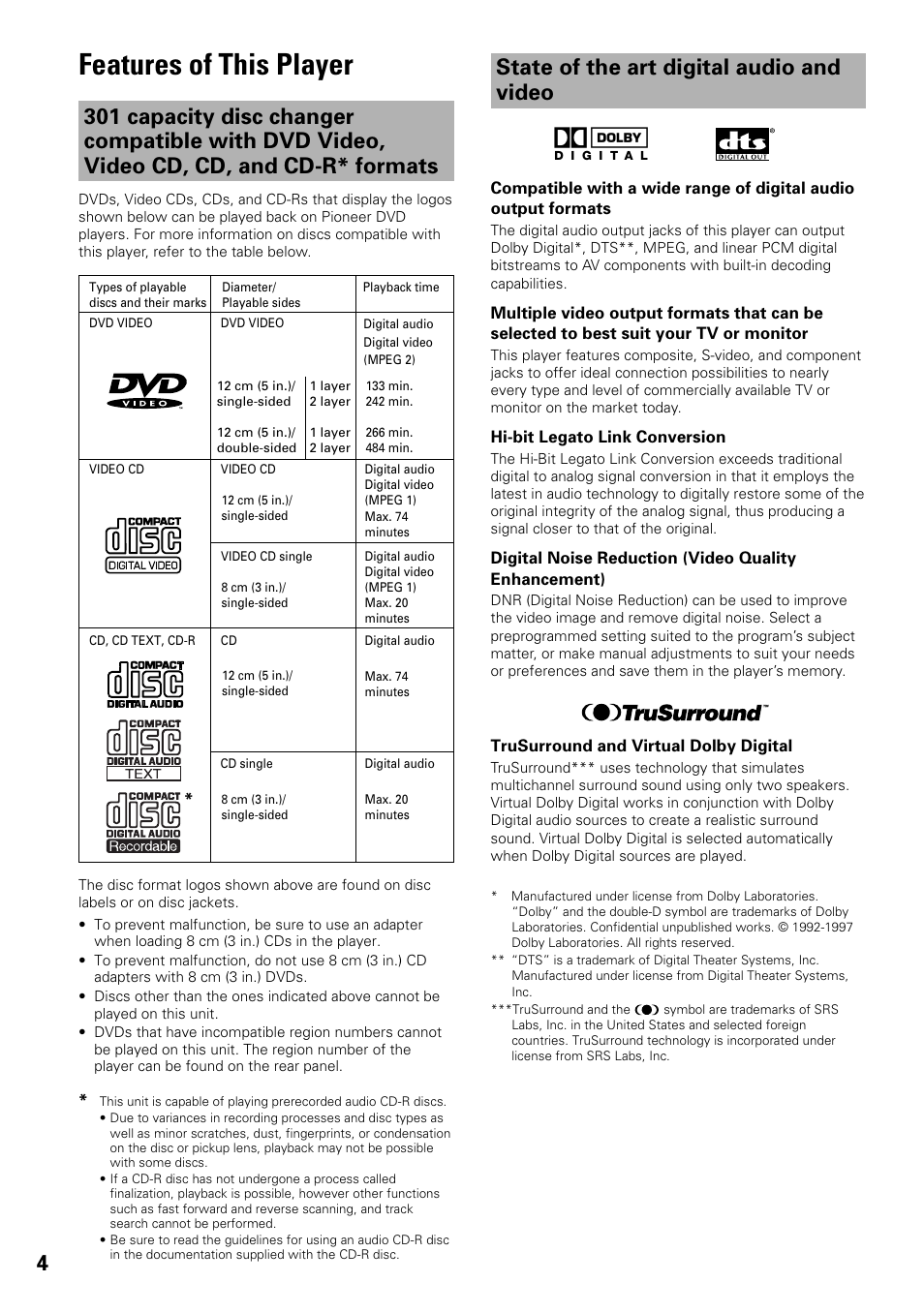 Features of this player, State of the art digital audio and video | Pioneer DV-F07 User Manual | Page 4 / 80