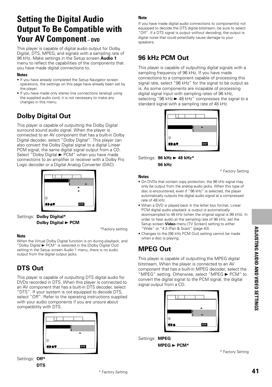 Setting the digital audio output to be, Compatible with your av component, Dolby digital out | Dts out, 96 khz pcm out, Mpeg out, Adjusting audio and video settings | Pioneer DV-F07 User Manual | Page 41 / 80