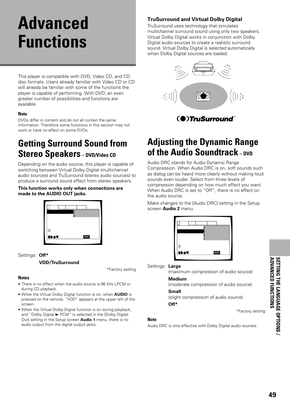 Advanced functions, Getting surround sound from, Stereo speakers | Adjusting the dynamic range of the, Audio soundtrack, Getting surround sound from stereo speakers | Pioneer DV-F07 User Manual | Page 49 / 80