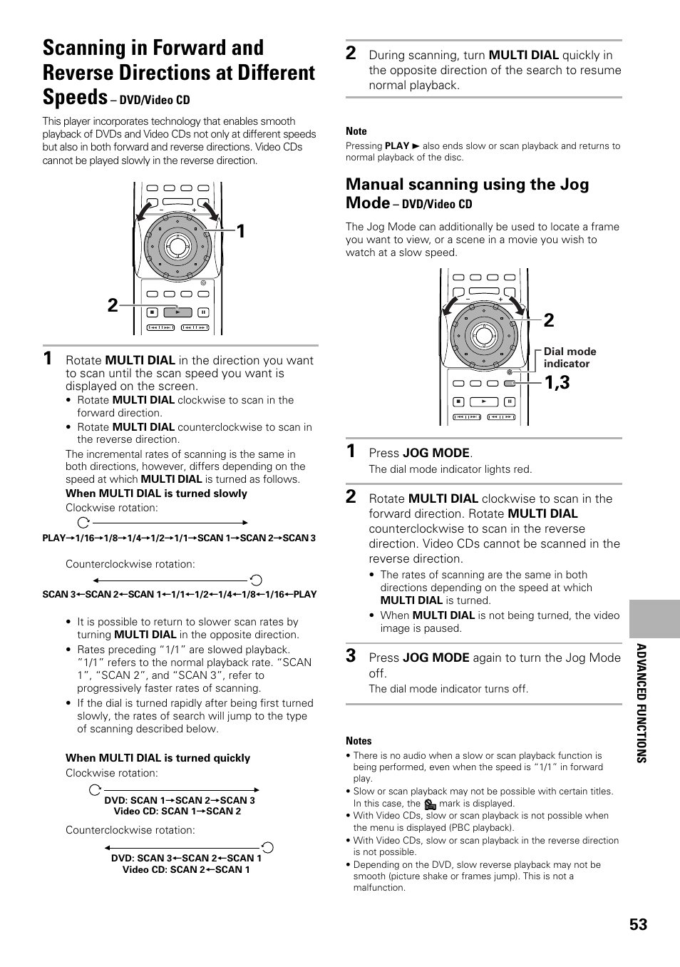 Scanning in forward and reverse, Directions at different speeds, Manual scanning using the jog mode | Pioneer DV-F07 User Manual | Page 53 / 80